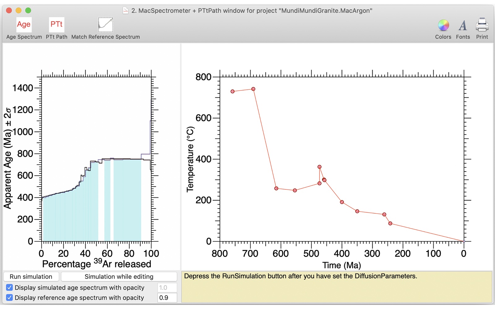 MacArgon workspace with a simulated apparent-age spectrum on the left and an editable temperature–time path on the right