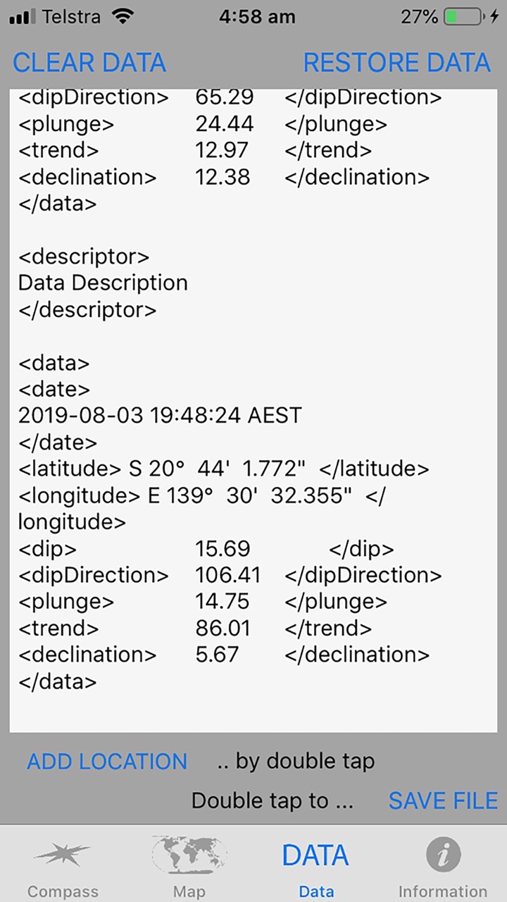 listerCompass data screen showing recorded coordinates and structural measurements