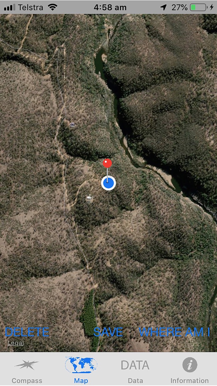 listerCompass map screen showing the current position and a field pin