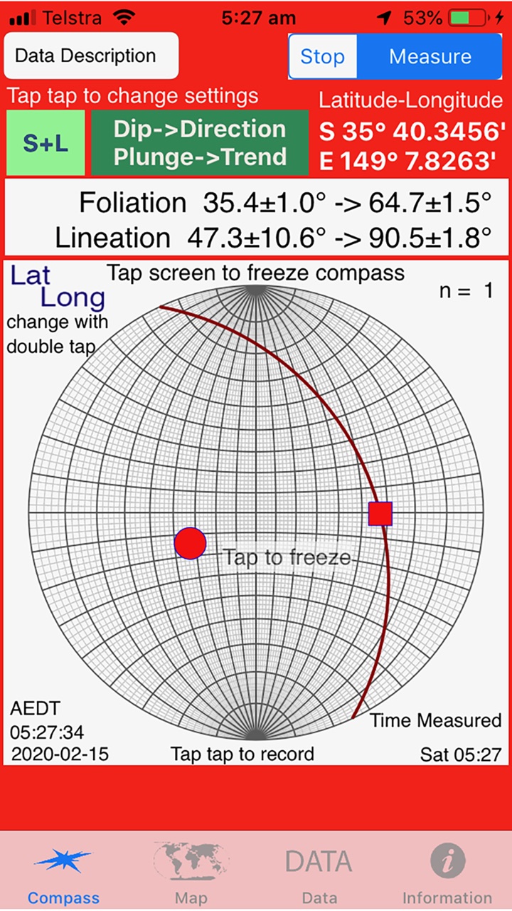 listerCompass compass screen displaying a foliation and lineation on a stereonet